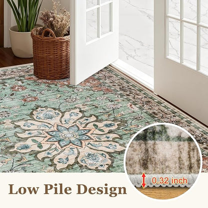 Area Rugs 10x14 Living Room Rug: Washable Rug Soft Vintage Distressed Floral Carpet Indoor Non-Slip Stain Resistant Large Carpets for Bedroom Dining Room Farmhouse Nursery Home Office Brown Green