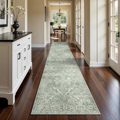 Washable 3x14 Runner Rug - Non-Slip Vintage Rug for Entryway Low-Pile Medallion Long Rugs for Hallway Waterproof Traditional Runner Rug Indoor Thin Rug for Kitchen (Muted Sage Green)