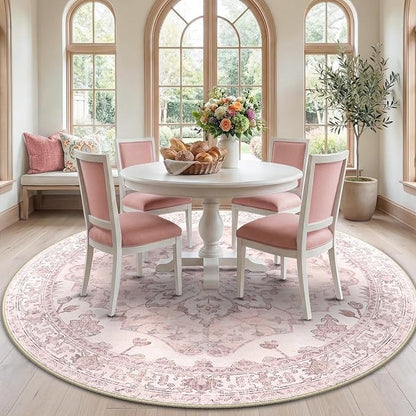 Area Rugs 7ft Washable Non-Slip, Floral Vintage Distress Print Pattern Medallion Carpet for Living Room Bedroom Dining Room, Pink Greypink Cute