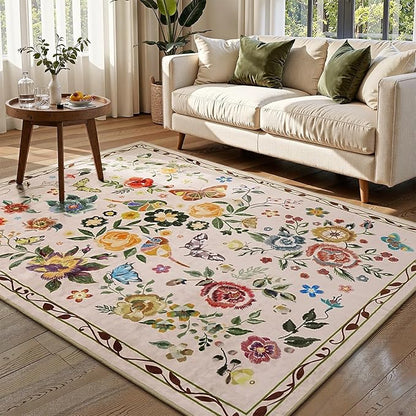 Rugflix 5x7 Washable Area Rug for Living Room, Soft Non Slip Low Pile Carpet, Floral Vintage Stain Resistant Rugs for Bedroom, Dining Room, Home Office, Beige