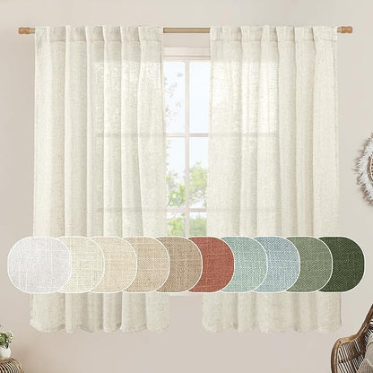 LAMIT Natural Semi Sheer Linen Curtains 60 Inch, Light Filtering Neutral Window Panels Farmhouse Boho Back Tab and Rod Pocket Drapes for Bedroom, Cream Ivory, 2 Panels, 52 x 60 Inch