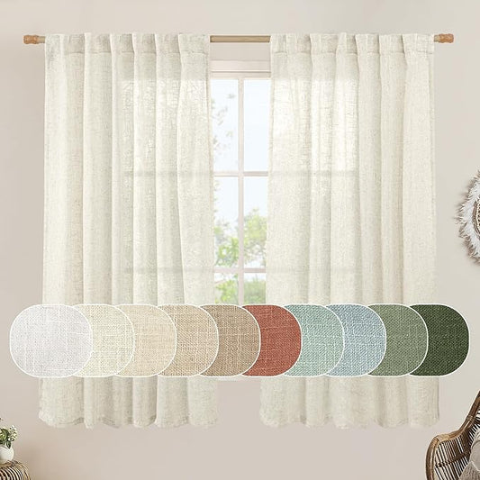 LAMIT Natural Semi Sheer Linen Curtains 60 Inch, Light Filtering Neutral Window Panels Farmhouse Boho Back Tab and Rod Pocket Drapes for Bedroom, Cream Ivory, 2 Panels, 52 x 60 Inch