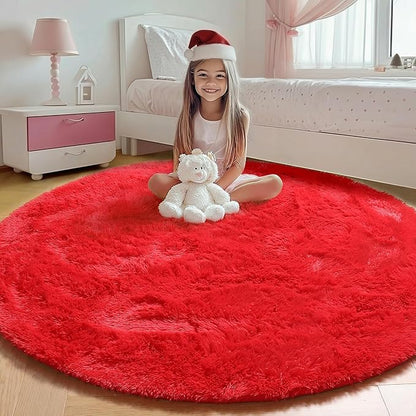ONASAR Red Round Area Rug 4ft, Soft Bedroom Circle Rugs Floor Mat for Kids Girls Teen Room, Kawaii Fluffy Plush Shaggy Carpet for Nursery Living Room Playroom Christmas Home Decor Princess Castle