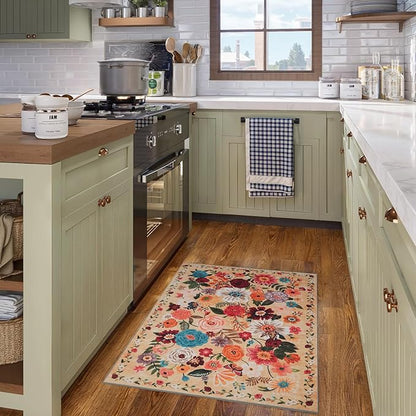 Floral Rug for Entryway, 2x3 Washable Kitchen Mat Ultra-Thin Soft, Non-Slip Indoor Door Carpet Stain Resistant Boho Small Low-Pile Throw for Bathroom Bedroom (Yellow Garden, 2 x 3)