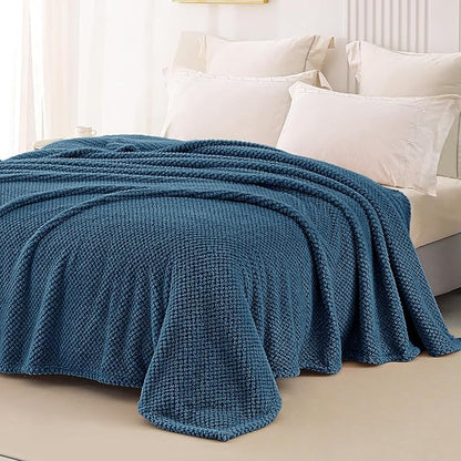 Whale Flotilla Queen Size Fuzzy Fleece Blanket for Bed, 90x90 Inch Fluffy Warm Soft Jacquard Blankets for All Season, Lightweight and Cozy, Navy Blue