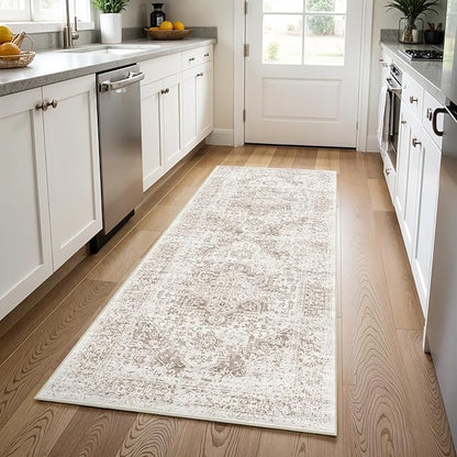 3x8 Washable Hallway Runner Rug - Non Slip Kitchen Runner Rugs with Rubber Backing Vintage Low-Pile Carpet Runners for Entryway Dining Room Laundry Room Home Decor (Cream/Camel)