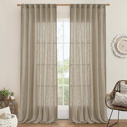LAMIT Taupe Sheer Linen Curtains, 102 inch Light Filtering Semi Sheer Panels Back Tab and Rod Pocket Farmhouse Rust Drapes for Bedroom/Living Room, 2 Panels, 52 x 102 Inch