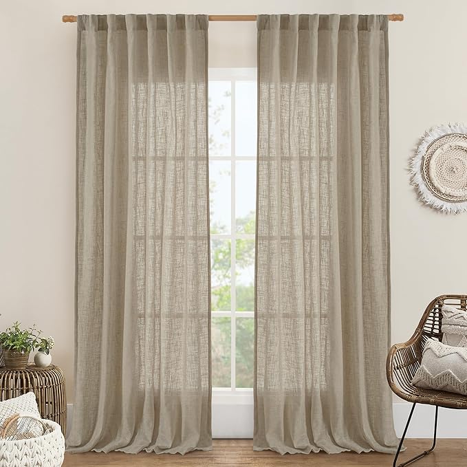 LAMIT Linen Semi Sheer Curtains 96 inches Long 2 Panels Set, Light Filtering Panels Back Tab and Rod Pocket Floor to Ceiling Curtains for Bedroom/Living Room, Taupe, 52 x 96 Inch
