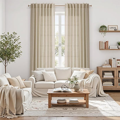 Nanspring Eggshell Beige Curtains 102 Inches Long for Living Room Linen Light Filtering Semi Sheer Curtain Back Tab Rustic Decor Floor to Ceiling Neutral Drapes for Bedroom Office 52x102, 2 Panels