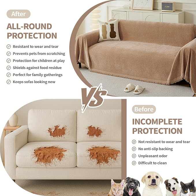 Couch Cover for Dogs, Boho Sofa Covers for 3 Cushion Couch, Chenille Sofa Slipcover for Pets Washable, L-Shape Sectional Couch Cover Soft Throw Blankets with Tassels(91x150,Khaki)