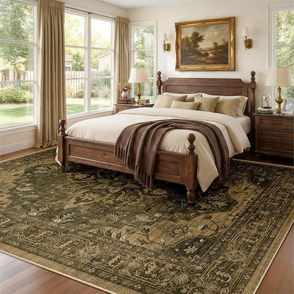 Area Rugs 8'x10' Washable Non-Slip, Floral Vintage Distress Print Pattern Medallion Carpet for Living Room Bedroom Dining Room, Brown Dark Brown