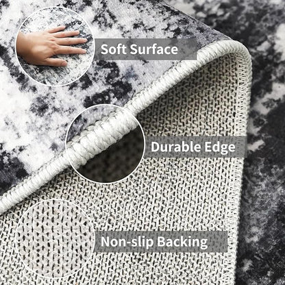 3x12 Washable Runner Rugs for Hallway: Long Abstract Runners for Entryway Bedroom - Stain and Water Resistant Rugs with Non-Slip Backing - Soft Low-Pile Carpet Black Grey