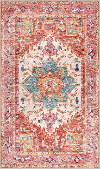 Yamaziot Washable Area Rug for Bedroom, 3x5 Non-Slip Boho Vintage Living Room Rug with Rubber Backing, Low Pile Faux Wool Soft Distressed Rug Floor Carpet for Living Room, Laundry, Kid Playroom