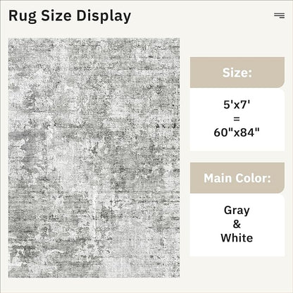 Abstract Rug 5x7 Machine Washable Area Indoor Grey White Low Pile Non-Slip Foldable Thin Accent Rugs for Bedroom Living Room Dining Room