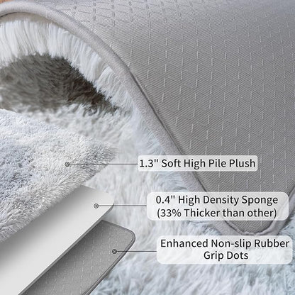 Ultra Soft Runner Rugs for Bedroom Hallways with Upgraded Non-Slip Rubber Backing & Thick Memory Sponge, 2x3 Feet Fluffy Shag Throw Area Rug for Bedside Dorm Tie-dye Light Grey