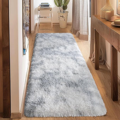 Ultra Soft Runner Rugs for Bedroom Hallways with Upgraded Non-Slip Rubber Backing & Thick Memory Sponge, 2 Packs 2x6 Feet Fluffy Shag Throw Area Rug for Bedside Dorm Tie-dye Light Grey