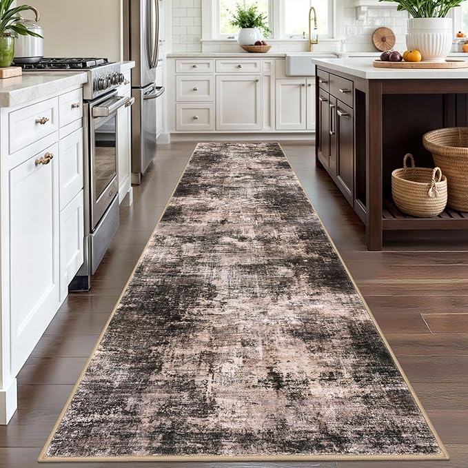 IOHOUZE Abstract Runner Rug 3x12 Ft Washable Runners for Hallways, Non Slip Kitchen Runner Printed Faux Wool Entryway Runner Indoor, Modern Abstract Floor Carpet for Hall Kitchen, Brown/Rust