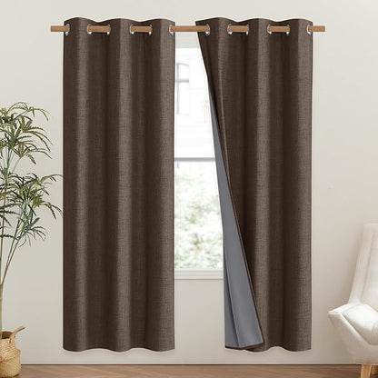 NICETOWN Coffee Vintage Linen 100% Blackout Curtains for Classroom, Thermal Insulated Curtains 72" Long, Noise Reducing Window Treatment Drapes for Gym Room, 42" Wide Per Panel, Set of 2