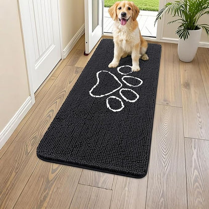 Smiry Dog Door Mat for Muddy Paws, Absorbent Dirt Trapper Non Slip Quick Dry Washable Chenille Mat for Mud Dogs, Entry Rug for Indoor and Outdoor (47x20 Inches, Black and White)