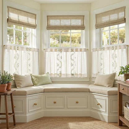 jinchan Belrose Linen Floral Kitchen Curtains 24 inch Length Embroidered Farmhouse Cafe Curtains for Living Room Bathroom Small Windows Curtain Set Sheer Light Filtering 2 Panels Sage Green