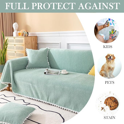 HANDONTIME Light Green Couch Covers for 3 Cushion Couch Sofa Cute Sofa Covers Chenille Couch Cover for Dogs Sectional Sofa L Shape Futon Couch (71" X134", Green)