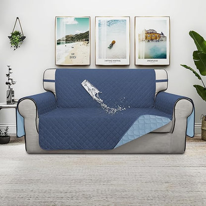 ISSUNTEX Double Protection 100% Waterproof Loveseat Covers for Living Room, Couch Covers for 2 Cushion Couch Sofa, Reversible Furniture Protector Sofa Cover for Dogs (Loveseat, Dark Blue/Light Blue)