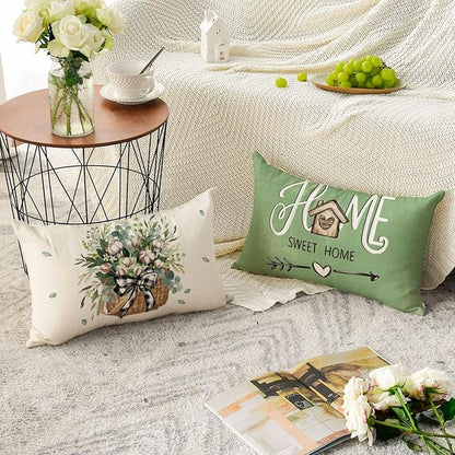 AVOIN colorlife Bless Our Home Farmhouse Eucalyptus Leaves Throw Pillow Covers, 12 x 20 Inch Green Truck Cushion Case Decorations Set of 4