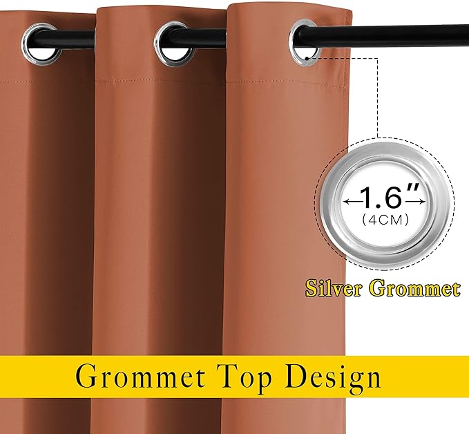 NICETOWN Bedroom Blackout Curtains Panels - Triple Weave Energy Saving Thermal Insulated Solid Grommet Blackout Draperies for Patio (80 inches by 108 Inch,Burnt Orange, Set of 2)