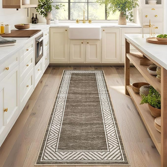 GarveeHome Washable Hallway Rug 2x6 Narrow Modern Bordered Floor Runner, Non-Shedding Contemporary Bedside Rug, Foldable Ultra-Thin Carpet Runner for Bedroom, Kitchen, Laundry Room, Brown