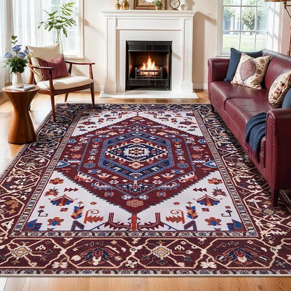 SERISSA 6x9 Area Rugs for Living Room, Large Washable Non-Slip Boho Rug, Ultra Soft Vintage Burgundy Navy Oriental Tribal Print Distressed Carpet for Dining Room Bedroom Dorm Office Home Decor