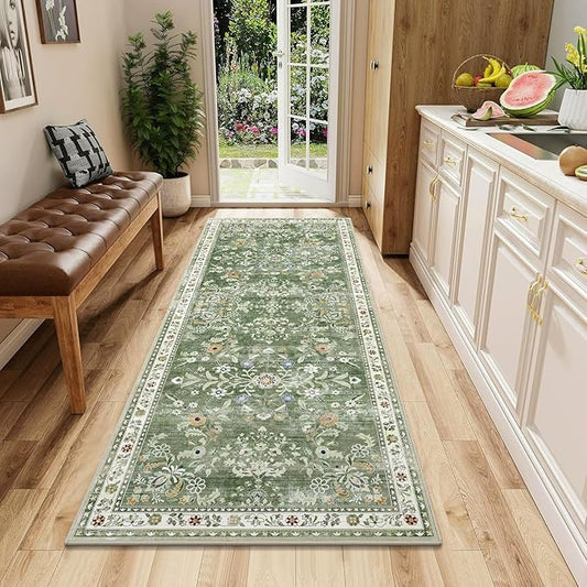 Yamaziot Washable Runner Rug 2x5 – Non Slip Boho Floral Hallway Runner Rug with Rubber Backing, Low Pile Faux Wool Distressed Carpet for Kitchen, Laundry, Bedroom, Entrance, Green