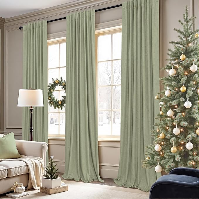Sage Green Room Darkening Curtains for Bedroom 108 Inch Extra Long 2 Panels Black Out Dark Academia Decor Linen Textured Blocking Light Sage Blackout Curtains for Large Window Ceiling to Floor Length