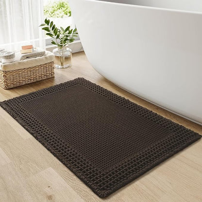RESARE Waffle Bath Mat for Bathroom, Super Absorbent Bathroom Rugs Non Slip Machine Washable, Ultra Soft Quick Dry Boho Bath Rugs with Tassels for Floor, Upgraded Bordered Design, 18"x30" Chocolate