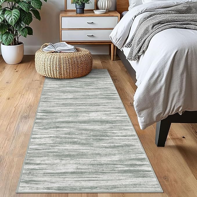KOZYFLY Modern Abstract Runner Rugs 2x6 Grey Green Machine Washable Area Rug for Bedroom Non-Slip Living Room Rug, Faux Wool Soft Low Pile Office Carpet for Dining Room, Bedroom, Kitchen Bathroom