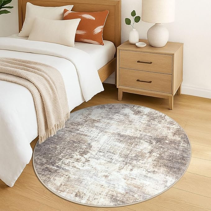 IOHOUZE Round Area Rug 5 Ft Circle Entryway Rugs Round Washable Door Mat Indoor Entrance, Non Slip Circle Front Door Rug, Printed Abstract Faux Wool Floor Carpet for Foyer Porch Sink, Beige Brown