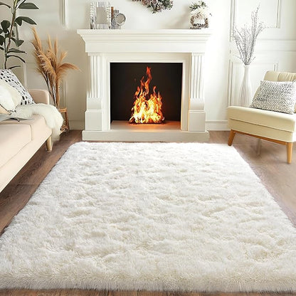 Pionblank Fluffy Area Rug for Bedroom 4x6 Feet, Indoor Plush Carpet, Shag Soft Bedside Rug, Cute Comfy Furry Rug for Living Room Dorm Girls Boys Room Nursery Decor, Cream White