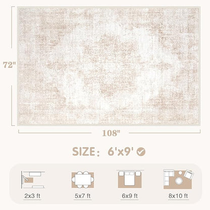 Area Rug 6x9 Vintage Rugs: Washable Living Room Rug Retro Medallion Distressed Large Rug Soft Low Pile Non-Slip Rugs Indoor Floor Carpet for Bedroom Kitchen Nursery Dining Table Office (Beige/Brown)
