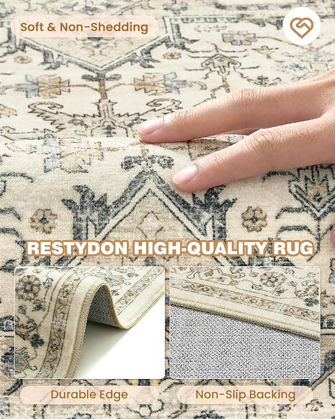Runner Rug 2x10, Ultra-Thin Kitchen Rugs Non Slip Washable Rugs for Entryway Rug, Kitchen Runner Low Pile Vintage Soft Carpets for Living Room, Bathroom Bedroom (Brown/Beige,2'x10')
