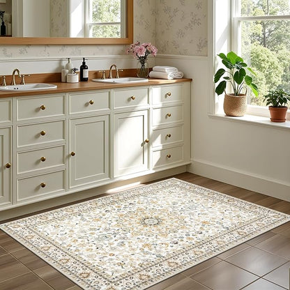 2x3 Area Rugs Living Room Rug: Washable Vintage Boho Rug No Slip Stain Resistant Soft Carpet Indoor Floor Floral Large Carpets for Bedroom Dining Room Farmhouse Nursery Hallway Home Office Beige