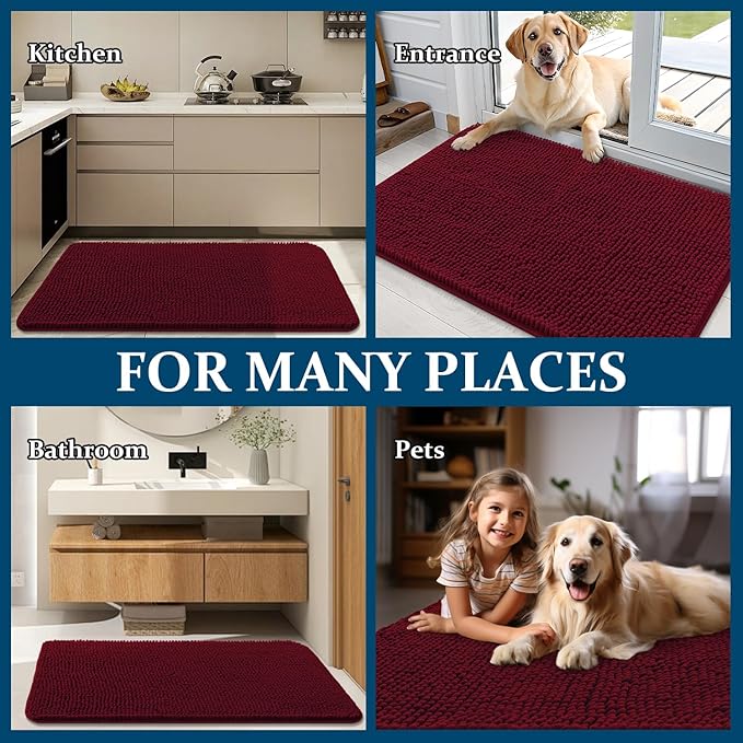 OLANLY Dog Door Mat for Muddy Paws 40x32, Absorbs Moisture and Dirt, Absorbent Non-Slip Washable Doormat, Quick Dry Chenille Mud Mat for Dogs, Entry Indoor Entryway Carpet for Inside Floor, Burgundy