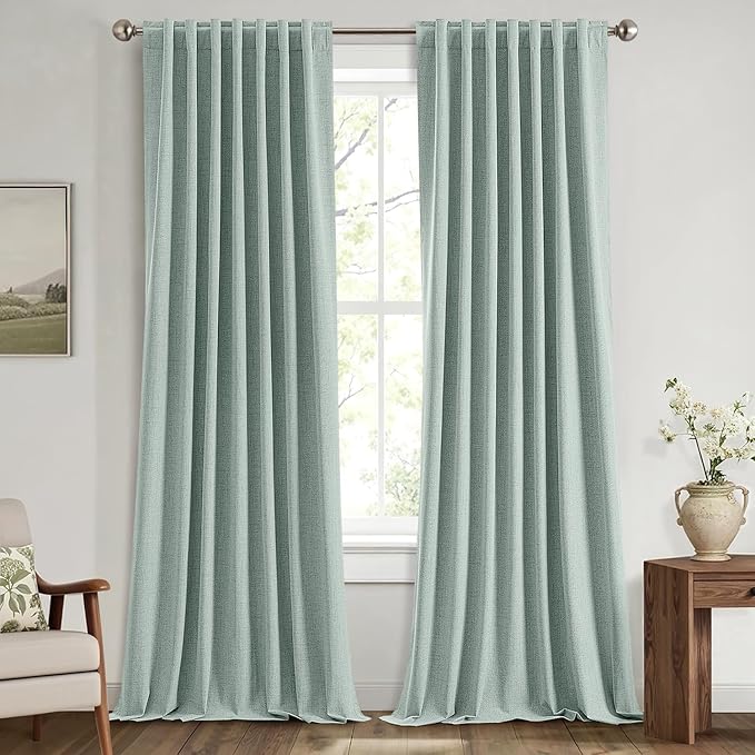 MIULEE 100% Blackout Linen Curtains for Bedroom, Seafoam Green Solid Luxury Decor Thermal Insulation Room Darkening Drapes for Living Room Nursery Back Tab Rod Pocket 42 x 96 Inches, 2 Panels