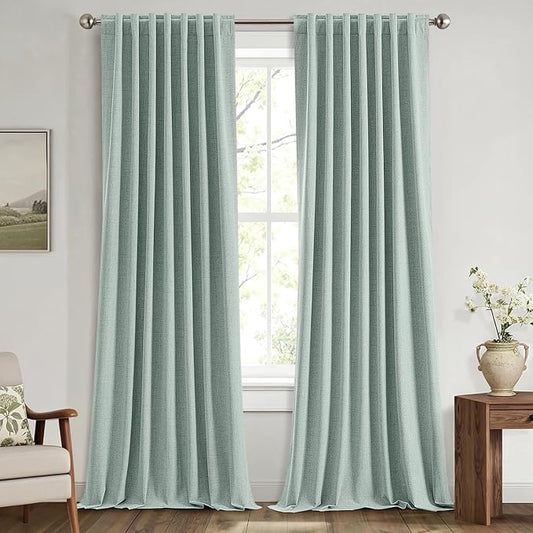 MIULEE 100% Blackout Linen Curtains for Bedroom, Seafoam Green Solid Luxury Decor Thermal Insulation Room Darkening Drapes for Living Room Nursery Back Tab Rod Pocket 42 x 96 Inches, 2 Panels