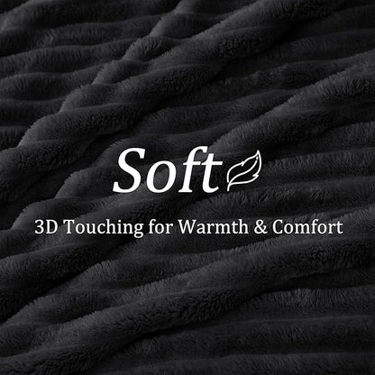 BEDELITE Full Size Blanket for Bed, 300GSM Soft & Warm Fleece Black Blanket, Decorative and Giftable Striped Blankets for Women, Men, 84"x90"
