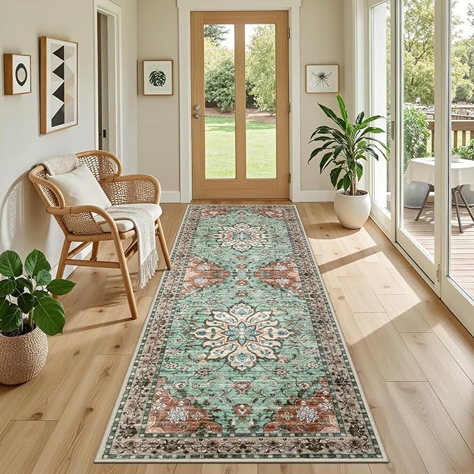 Hallway Runner Rug Non Slip - Washable 2.6x8 Kitchen Rugs for Living Room, Low-Pile Soft Bedroom Rug Indoor Floor Stain Resistant Carpets for Entryway, Laundry, Bathroom Brown Green