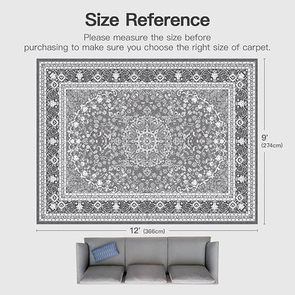 Lofus 9x12 Area Rugs for Living Room, Machine Washable Non-Slip Area Rug, Low Pile Large Rugs for Bedroom, Kitchen, Dining Room, Home Office, Vintage Oriental Print Rug, Light Grey with White