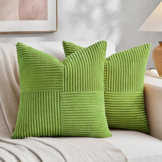 Fancy Homi Set of 2 Lime Green Decorative Throw Pillow Covers 22x22 Inch for Living Room Couch Bed Sofa, Farmhouse Boho Home Decor, Soft Cross Corduroy Patchwork Accent Square Cushion Case 55x55 cm