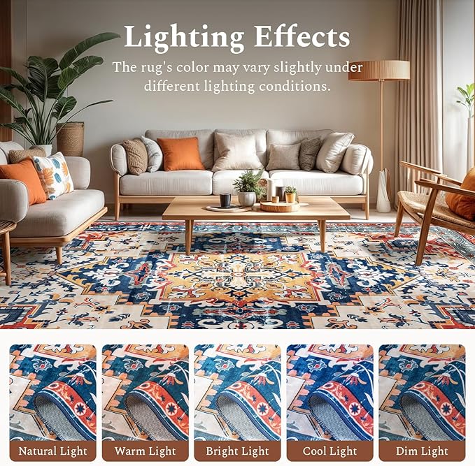 Rugflix 8x10 Area Rug for Living Room, Machine Washable Area Rugs with Non-Slip Backing, Large Soft Boho Vintage Rug for Bedroom, Dining Room, Low Pile Carpet, Kids Pet Friendly, Red