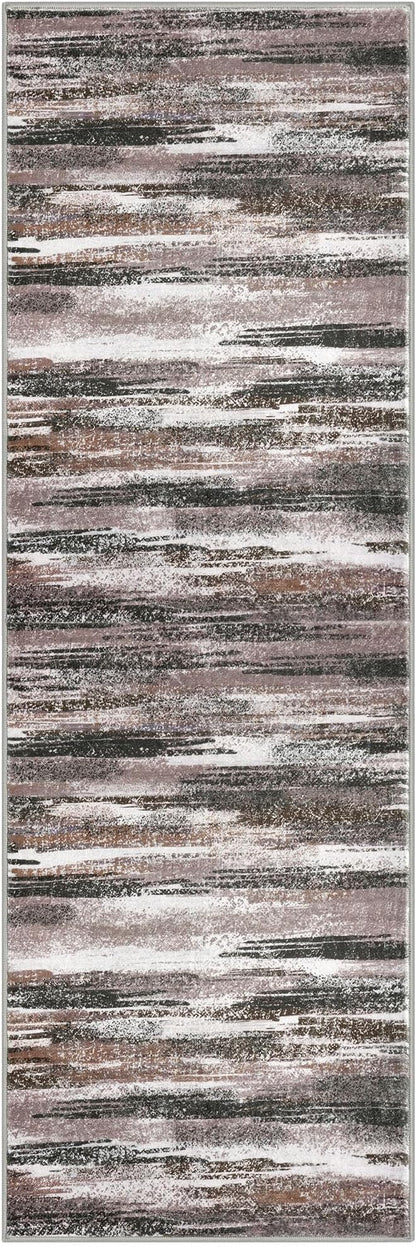 Lansny Modern Abstract Runner Rug 2.6x8, Dark Light Brown White Washable Kitchen Runner Non-Slip Soft Hallway Rug Runner Thin Print Faux Wool Carpet for Entryway Bedroom Laundry Room Indoor
