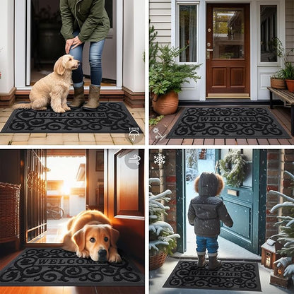 Smiry Welcome Door Mat Outside Entrance, Heavy Duty Trap Dirt and Moisture Easy Clean Low Profile Patio Porch Indoor Outdoor Front Doormat for Entry, 35x23 Inch, Black