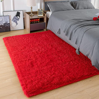Amearea Premium Soft Fluffy Area Rug Modern Shag Carpet, 3x5 Feet, Fuzzy Shaggy Rugs for Bedroom Living Room Teen Apartment Decor, Comfortable Indoor Furry Dorm Carpets, Red